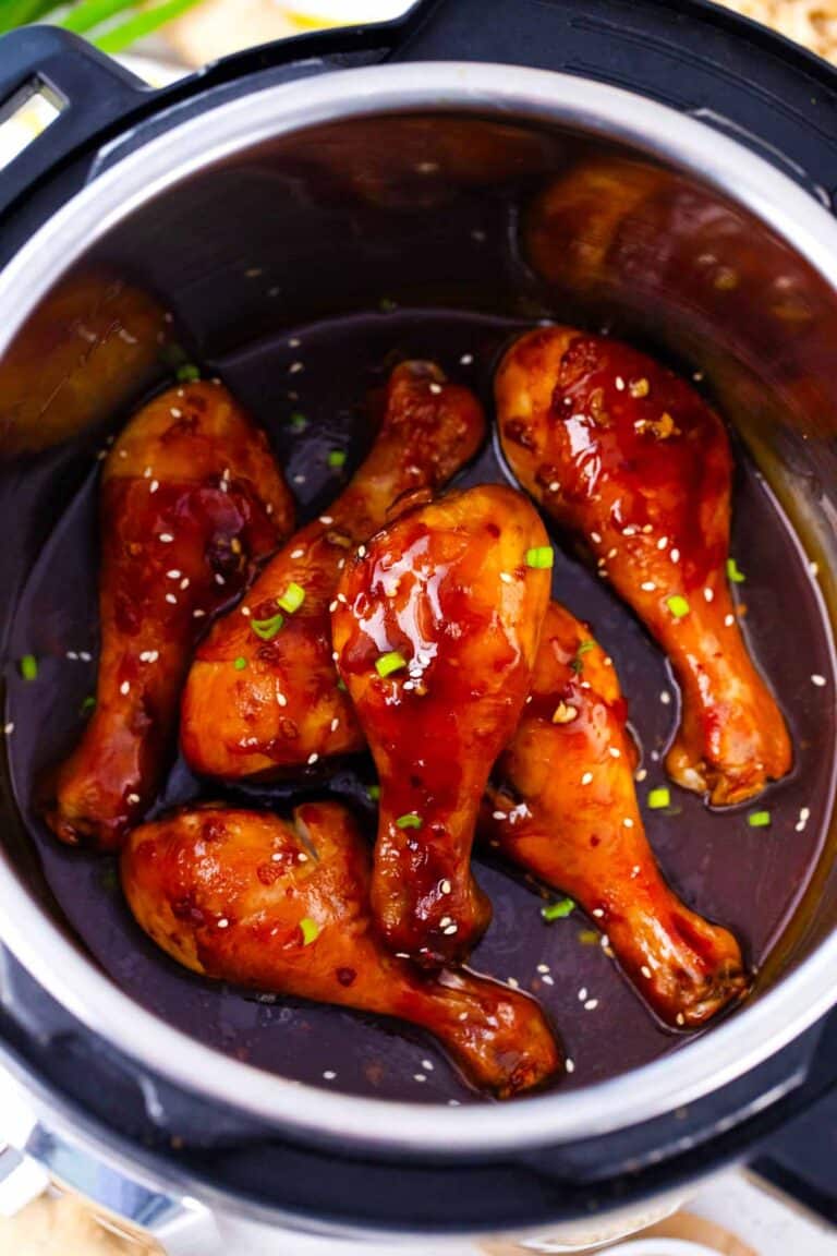 Overhead shot of instant pot Mongolian drumsticks in the pot.